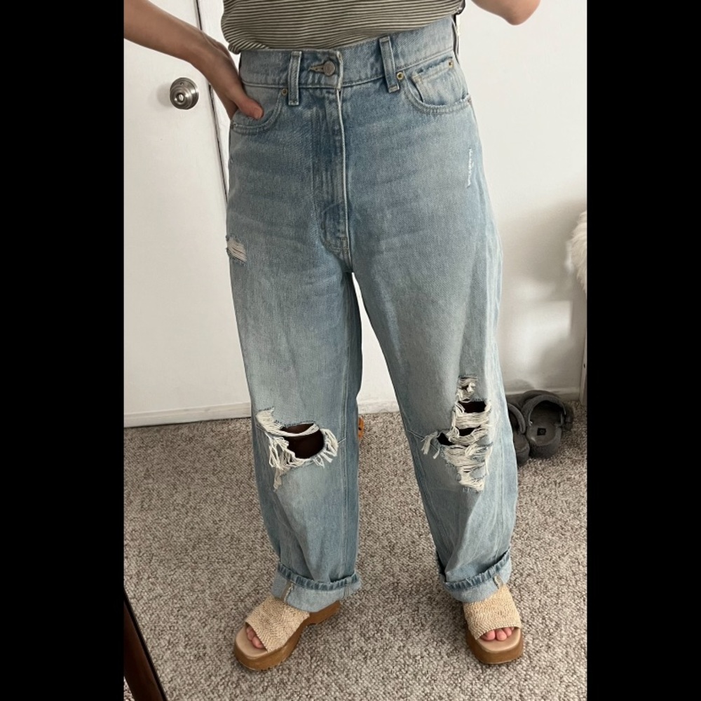 Distressed light high-waist denim